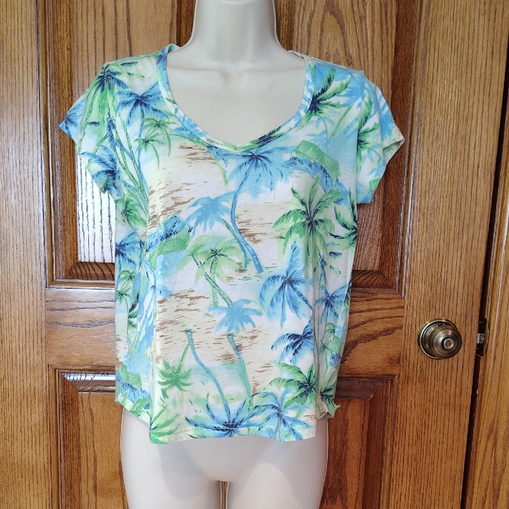 Chaps Blue & Green Palm Theme Women's Short Sleeve Top MP